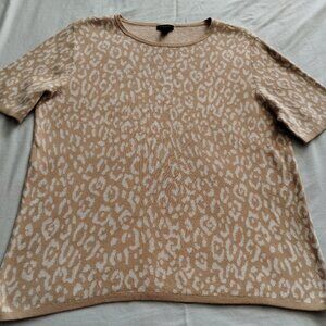 ANN TAYLOR Tan & Cream LEOPARD Print Short Sleeve CREW Neck Sweater Sz LARGE